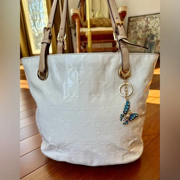 Michael Kors White Patent Leather Monogram Tote with Butterfly Accent Charm - Picture 11 of 11